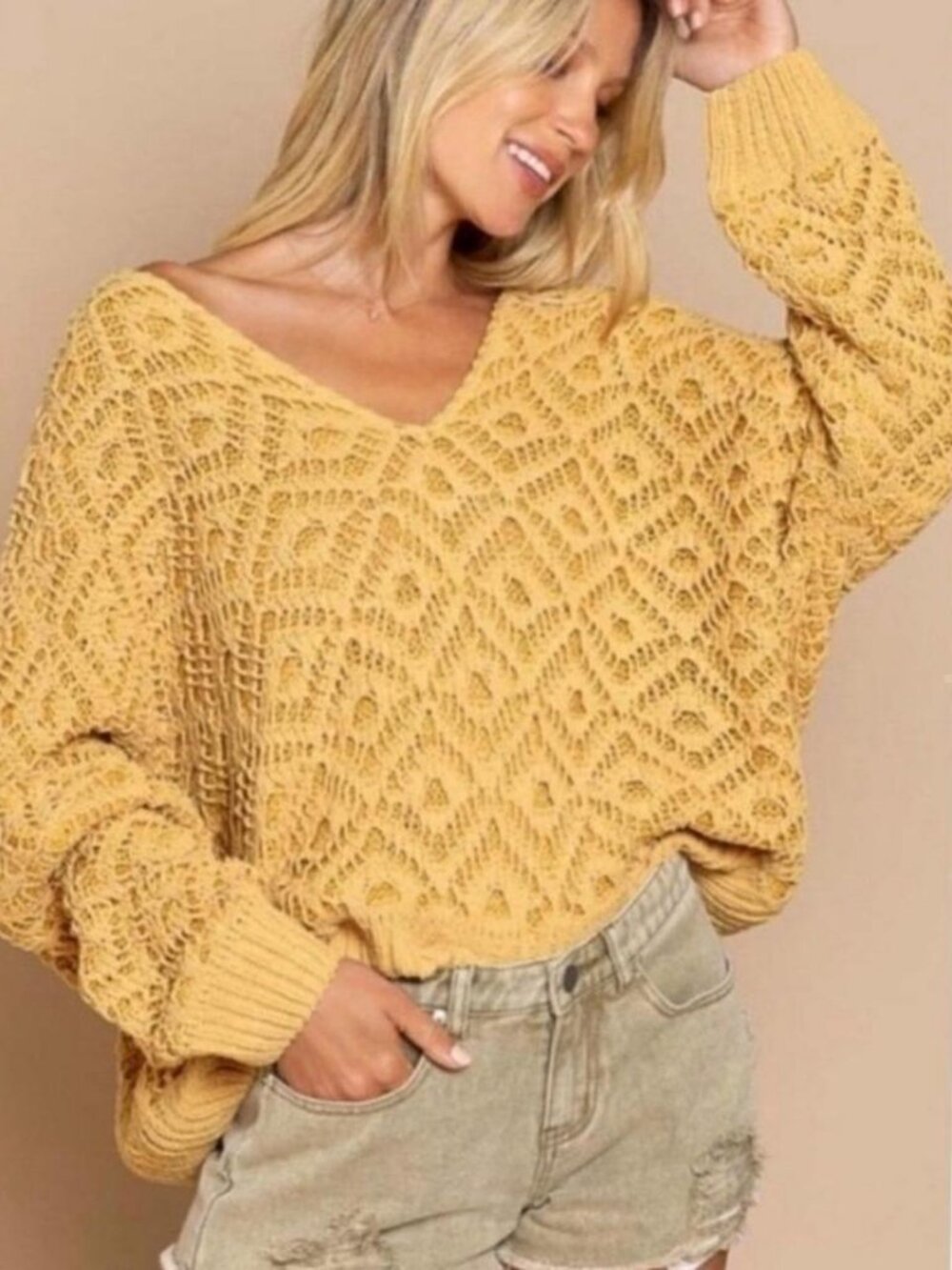 POL Dandelion Yellow Deep Double V-Neck Cropped Oversized Sweater _ Size Large